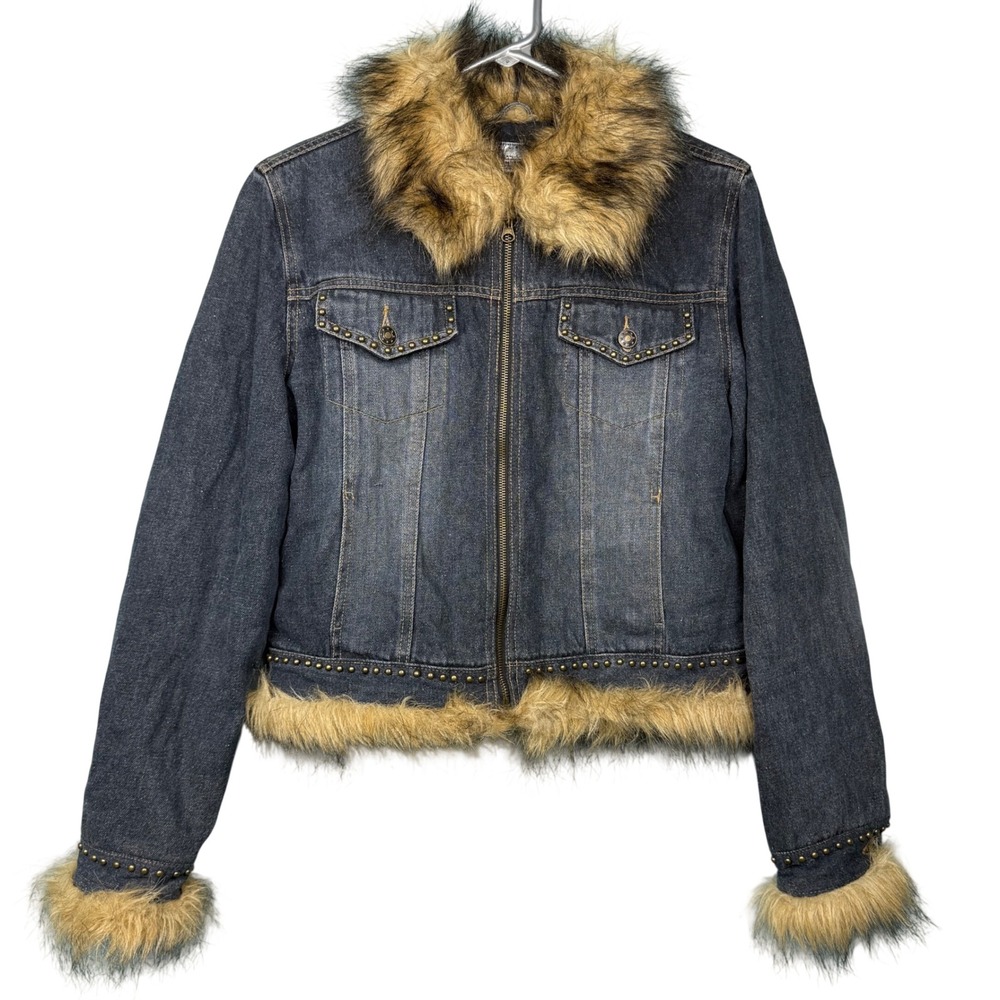 VTG Y2K Giacca Gallery Co. Denim Jacket Faux Fur Studded Statement Bratz Medium